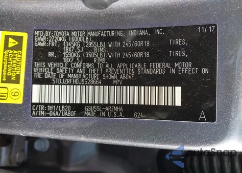 2018 Toyota Highlander Xle from USA, damaged, VIN 5TDJZRFH0JS528664